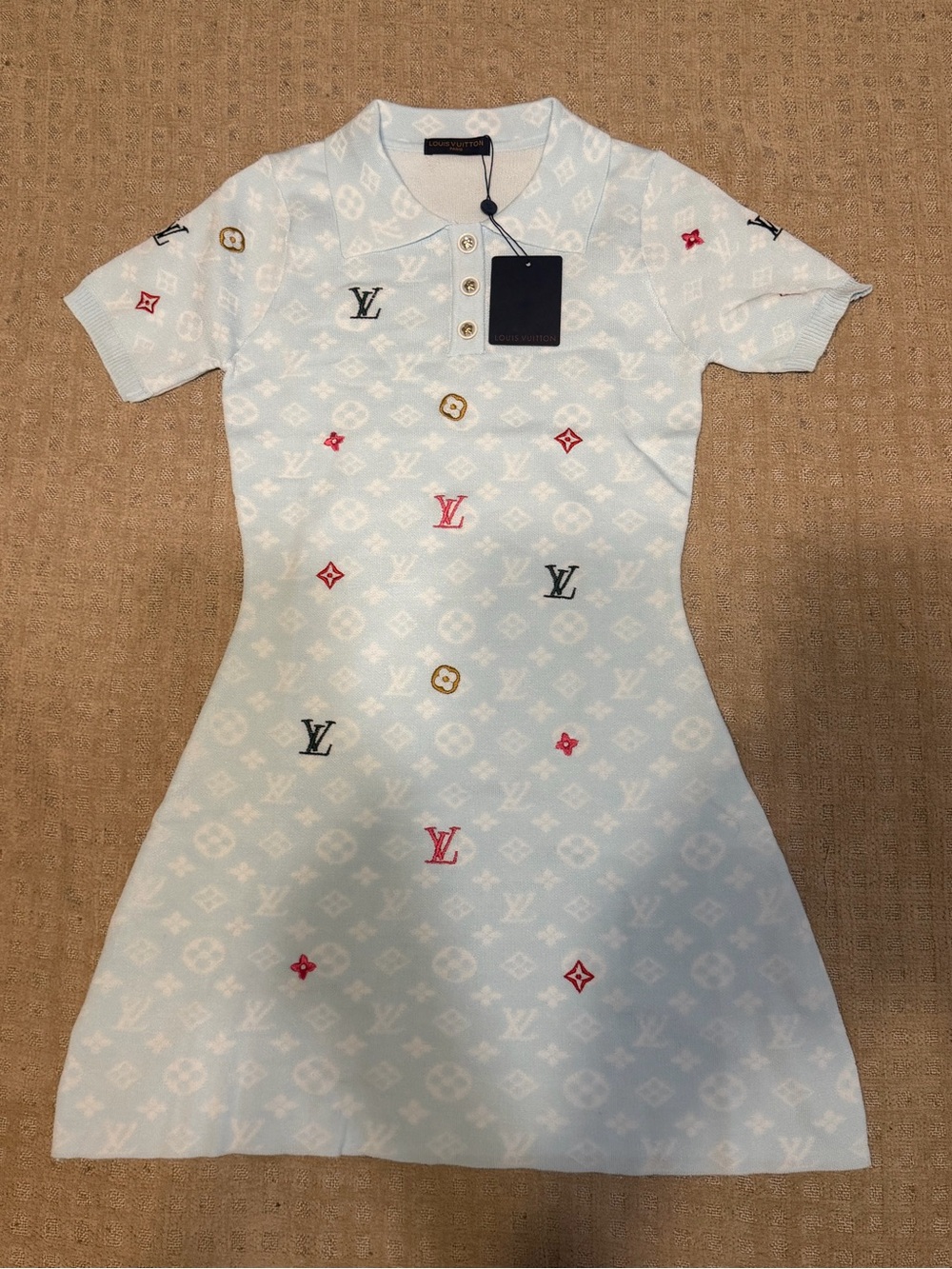 Louis Vuitton Pale Blue Monogram Knit Polo Dress with Multicolor Logos